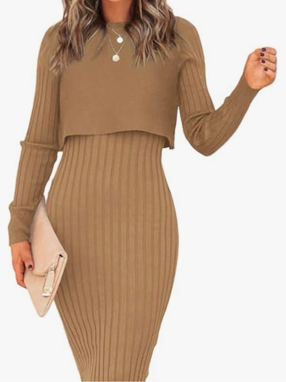 2pc Ribbed Knit Crop Sweater & Sleeveless Midi Dress Set Beige M